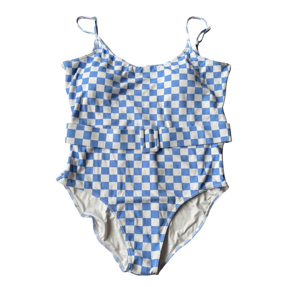 Pink Desert Blue Checkered Print Belted One Piece Swimsuit Size XXL Retro Pinup